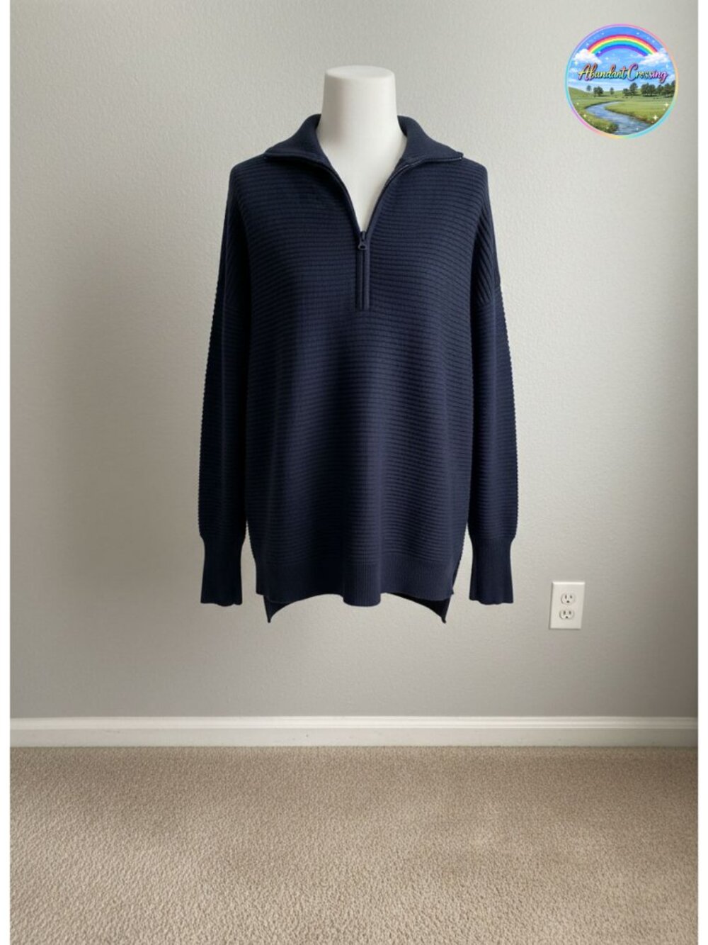 Women Long Sleeve V Neck Quarter Zip Rib Knit Pullover Sweater Loose Fit